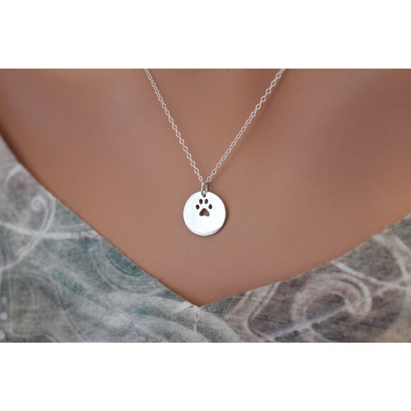 Sterling Silver Circle Charm with Paw Print Cutout Necklace - Picture 3 of 3